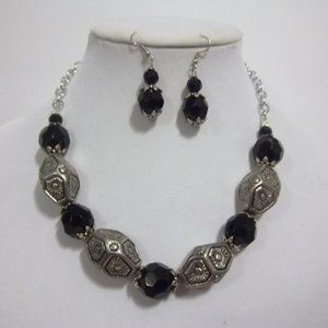 Black Faceted Glass Beaded Handmade Necklace and Earring Set